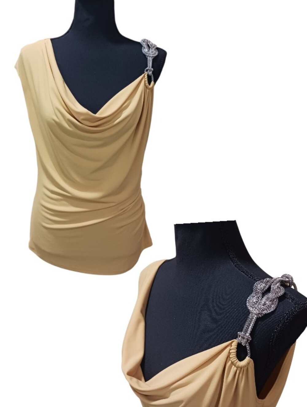 Cache Cowl Neck Metal Knot Shoulder Strap Top